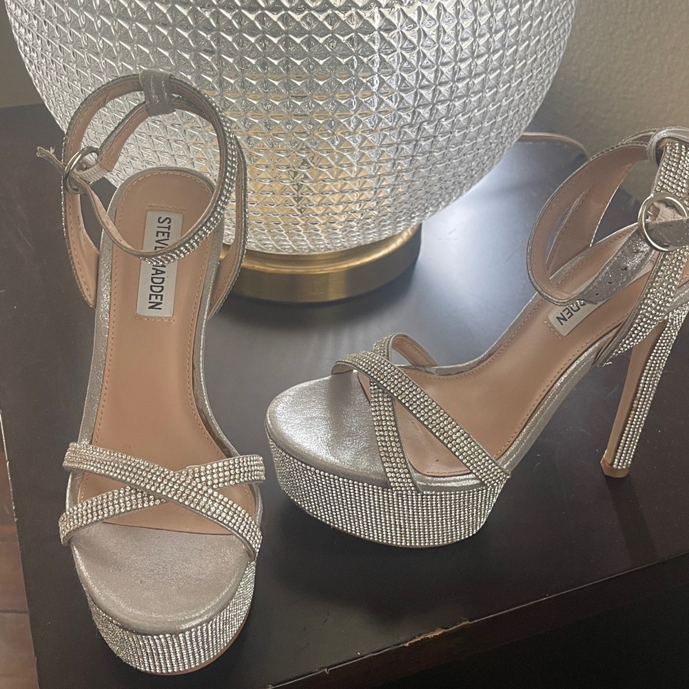 Steve Madden Silver Rhinestone Platform Heels